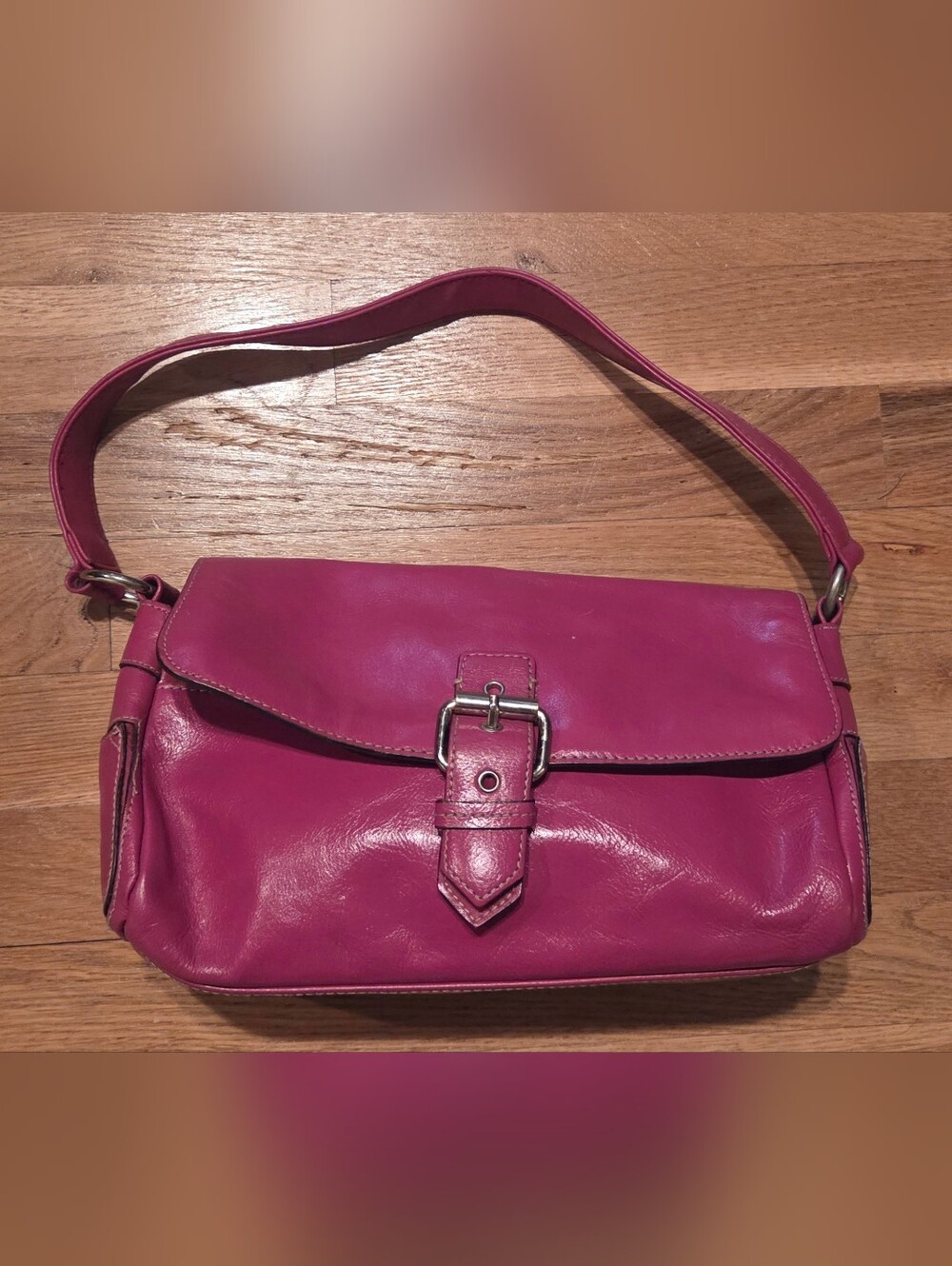 Y2K Pink Genuine Leather Shoulder Bag Buckle Baguette Purse 11.5"